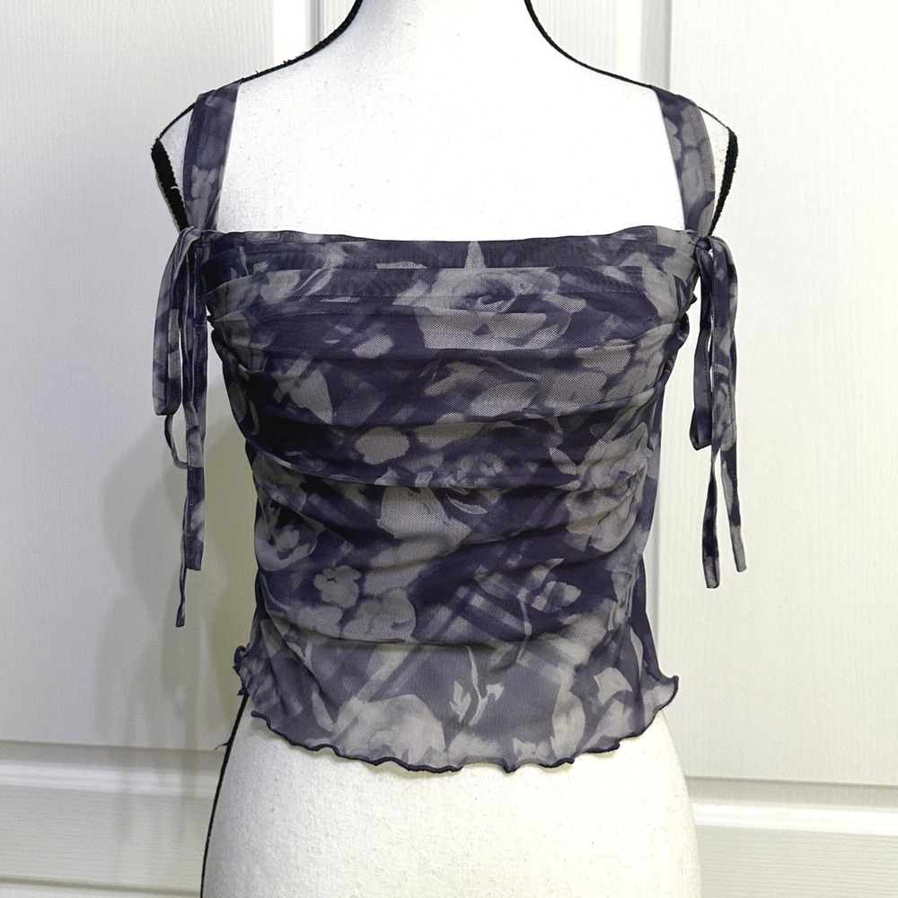 Whimsigoth Purple Floral Mesh Top XS Ruched Lettuce Hem Fairycore Y2K Coquette